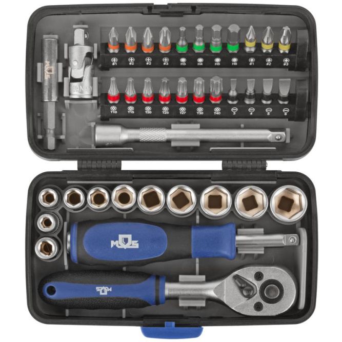Мини-набор инструмента (биты; головки; вороток; удлинитель) 38шт пластиковый кейс MOS 65000М