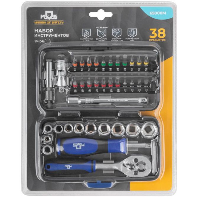 Мини-набор инструмента (биты; головки; вороток; удлинитель) 38шт пластиковый кейс MOS 65000М