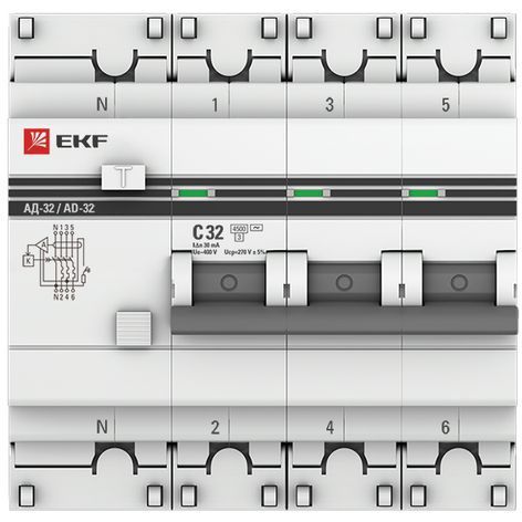 Выключатель автоматический дифференциального тока 3п+N C 32А 30мА тип AC 4.5kA АД-32 PROxima EKF DA32-32-30-4P-pro