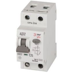 Выключатель автоматический дифференциального тока 2п (1P+N) C 25А 30мА тип A 6кА АД-32 электрон. PRO D326E2C25A30 Эра Б0059198