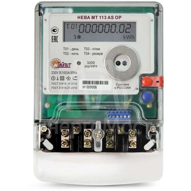 Счетчик НЕВА МТ 113 AS ОР ЖКИ 1ф 5-100А 220В многотариф.; винт Моск. вр. Тайпит 6032799