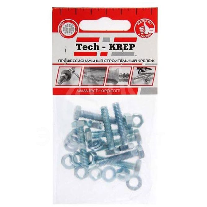 Болт DIN933 с шестигранной головкой М6х25+гайка+шайба оцинк. (уп.8шт) Tech-KREP 112718