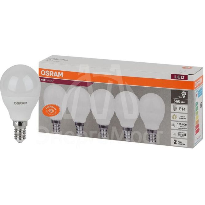 Лампа светодиодная LED Value LVCLP60 7SW/830 230В E14 2х5 RU (уп.5шт) OSRAM 4058075578104