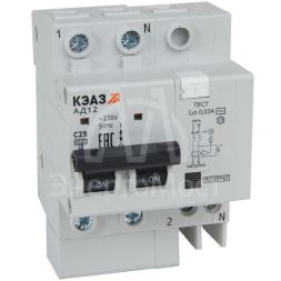 Выключатель автоматический АД12-22C25-АC-УХЛ4 дифференциального тока с защитой от сверхтоков (2P C25 30мА) 4.5кА КЭАЗ 318370