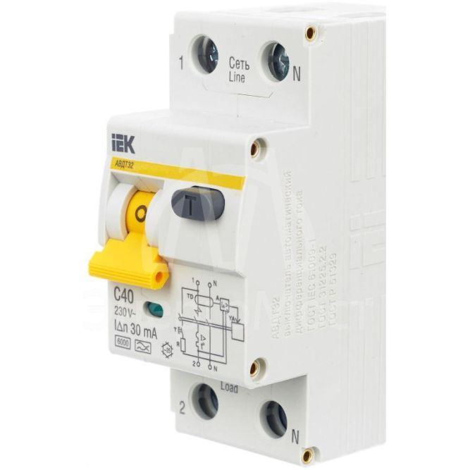 Выключатель автоматический дифференциального тока 2п (1P+N) C 40А 30мА тип A 6кА АВДТ-32 IEK MAD22-5-040-C-30