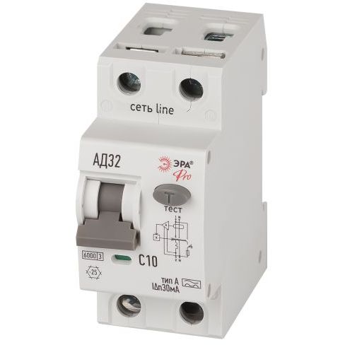 Выключатель автоматический дифференциального тока 2п (1P+N) C 10А 30мА тип A 6кА АД-32 электрон. PRO D326E2C10A30 Эра Б0059193