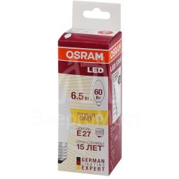 Лампа светодиодная LED STAR CLASSIC B 60 6.5W/830 6.5Вт свеча 3000К тепл. бел. E27 550лм 220-240В матов. пласт. OSRAM 4058075134232