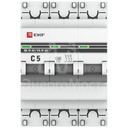 Выключатель автоматический модульный 3п C 5А 4.5кА ВА 47-63 PROxima EKF mcb4763-3-05C-pro