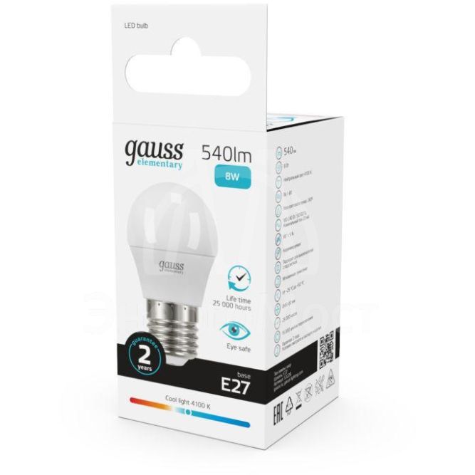 Лампа светодиодная Elementary Globe E27 8Вт 4100К Gauss 53228