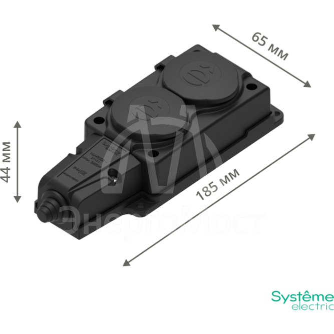 Колодка MultiSet 2х розетка 2К+З 16А/250В IP44 каучуковая черн. SE MST4102BK