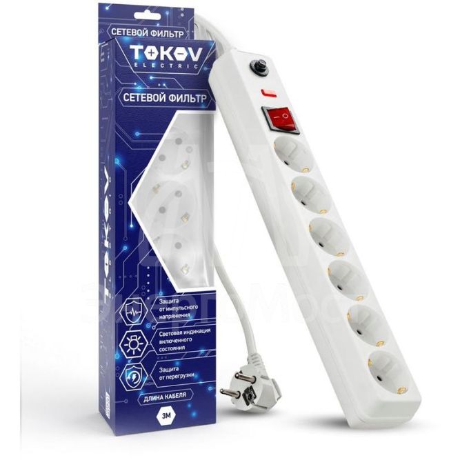 Удлинитель с сетевым фильтром 6х3м с заземл. с выкл. 16А с защ. от скачков напр. и перегрузок 3х1 бел. TOKOV ELECTRIC TKE-C01-SF6-3-ZV
