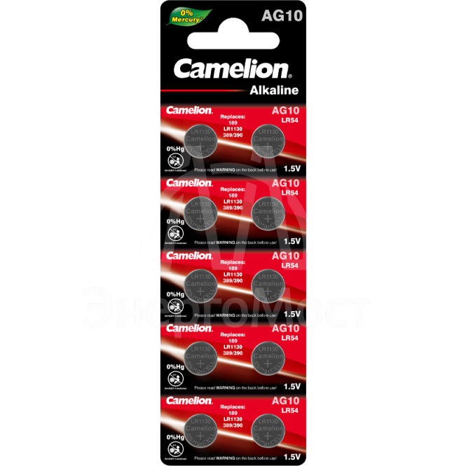Элемент питания алкалиновый &amp;quot;таблетка&amp;quot; G10 Mercury Free AG10-BP0%Hg 389A/LR1130/189 BL-10 (блист.10шт) Camelion 12818