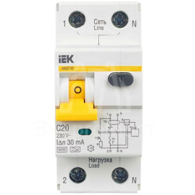 Выключатель автоматический дифференциального тока 2п (1P+N) C 20А 30мА тип A 6кА АВДТ-32 IEK MAD22-5-020-C-30