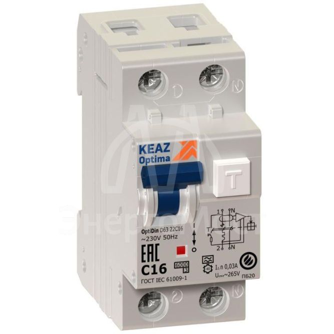 Выключатель автоматический дифференциального тока 2п (1P+N) C 20А 30мА тип A 6кА OptiDin D63 УХЛ4 2мод. КЭАЗ 103508