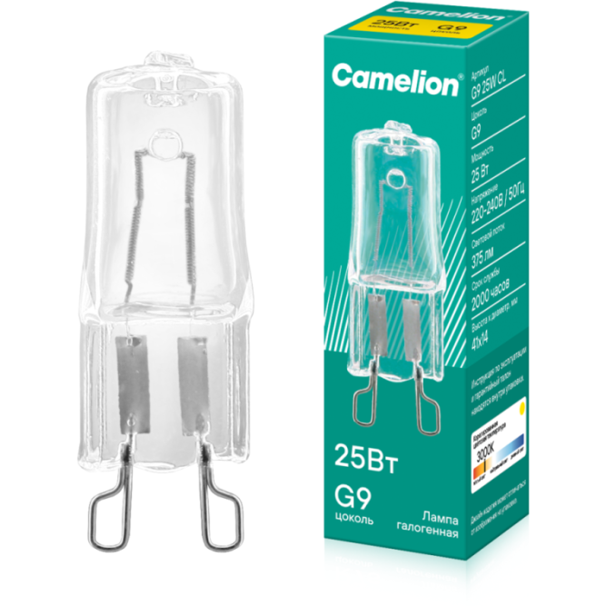 Лампа галогенная 25Вт капсула G9 2850К 240В прозр. Camelion 5845