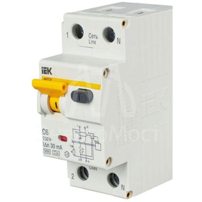Выключатель автоматический дифференциального тока 2п (1P+N) C 6А 30мА тип A 6кА АВДТ-32 IEK MAD22-5-006-C-30