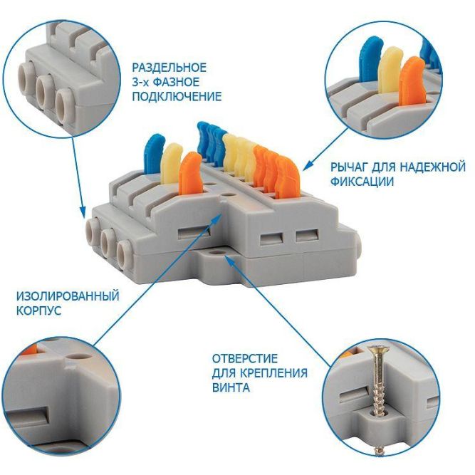 Клемма СМК 3х3 проходная разветвительная 3 полюса с монтажной площадкой (1 ввод 3 вывода на полюс) (уп.4шт) Rexant 07-5232-04