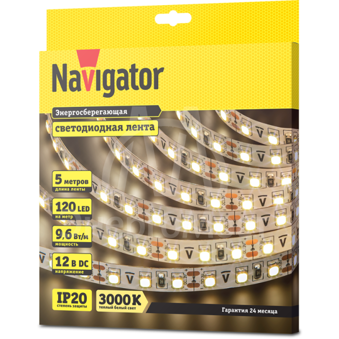 Лента светодиодная 71 410 NLS-3528WW120-9.6 IP20 12B R5 9.6Вт/м (уп.5м) Navigator 71410