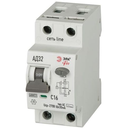 Выключатель автоматический дифференциального тока 2п (1P+N) C 16А 30мА тип AC 6кА АД-32 электрон. защита 230В PRO D326E2C16AC30P Эра Б0059111