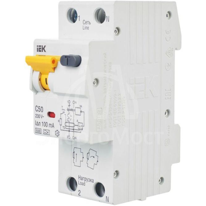 Выключатель автоматический дифференциального тока 2п (1P+N) C 50А 100мА тип A 6кА АВДТ-32 IEK MAD22-5-050-C-100