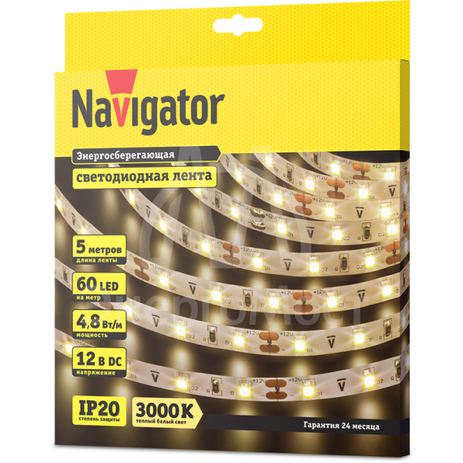 Лента светодиодная 71 402 NLS-3528WW60-4.8 IP20 12B R5 4.8Вт/м (уп.5м) Navigator 71402