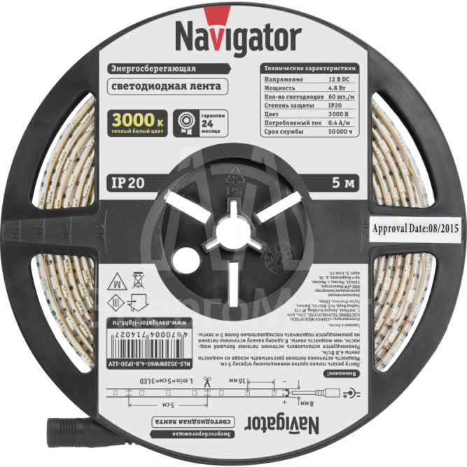 Лента светодиодная 71 402 NLS-3528WW60-4.8 IP20 12B R5 4.8Вт/м (уп.5м) Navigator 71402