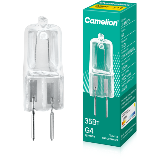 Лампа галогенная JD 35Вт капсула g4 2850К 240В Camelion 10406