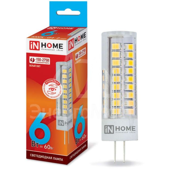 Лампа светодиодная LED-JCD-VC 6Вт 230В G4 4000К 540лм IN HOME 4690612028613