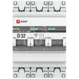 Выключатель автоматический модульный 3п D 32А 6кА ВА 47-63M с одним магнит. расцеп. EKF mcb4763m-6-3-32D-pro