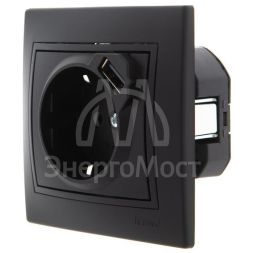 Розетка 1-м СП Мира 16А с з/к + USB разъем черн. бархат LEZARD 701-4242-181