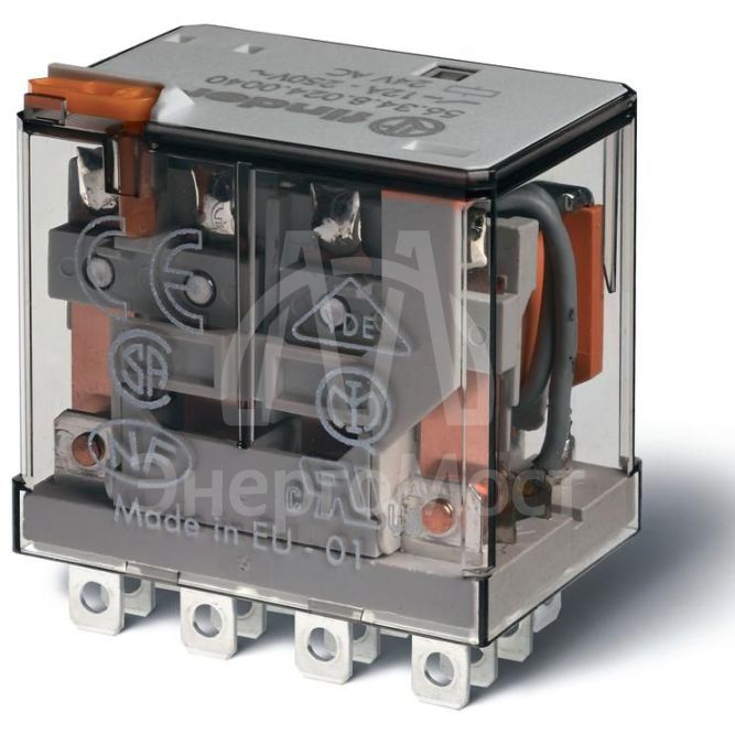 Реле миниатюрное силовое электромеханич. монтаж в розетку или наконечники Faston (4.8х0.5мм) 4CO 12А AgNi 24В DC RTI опции: кнопка тест + мех. индикатор FINDER 563490240040