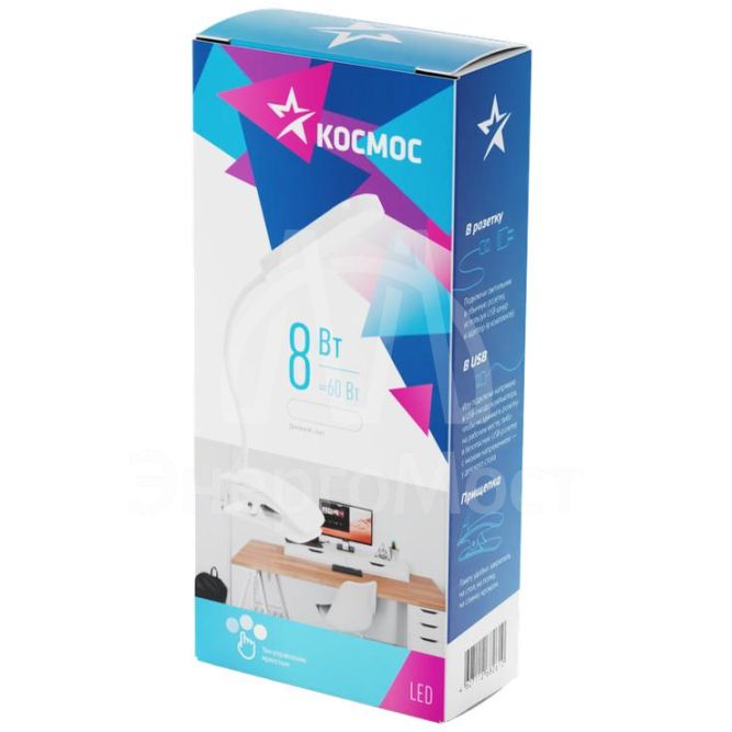Светильник настольный DeskGX2001 8Вт 6400К 220В RA&amp;gt;80 прищепка диммируемая бел. КОСМОС KOC_DESKGX2101