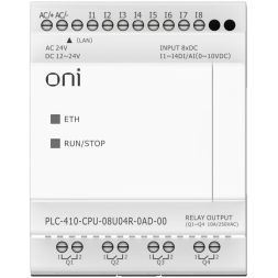 Модуль ЦПУ ПЛК 410 4 DI 4 UI (0-10 В/DI) 4 RO 12В-24В DC или 24В AC с Ethernet портом без экрана ONI PLC-410-CPU-08U04R-0AD-00