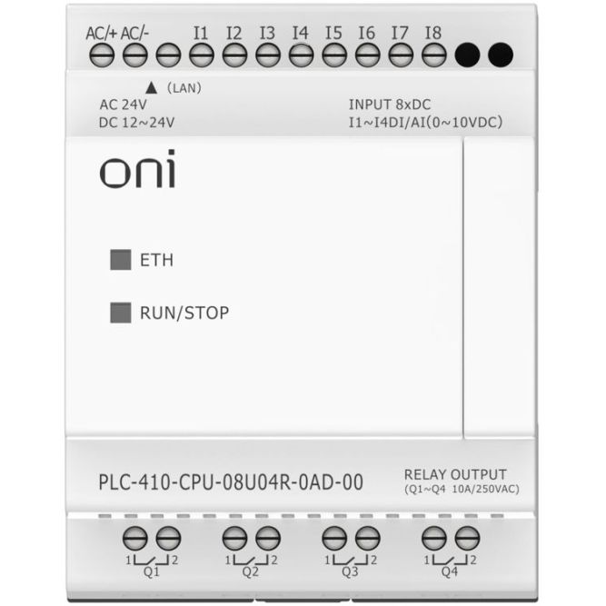 Модуль ЦПУ ПЛК 410 4 DI 4 UI (0-10 В/DI) 4 RO 12В-24В DC или 24В AC с Ethernet портом без экрана ONI PLC-410-CPU-08U04R-0AD-00