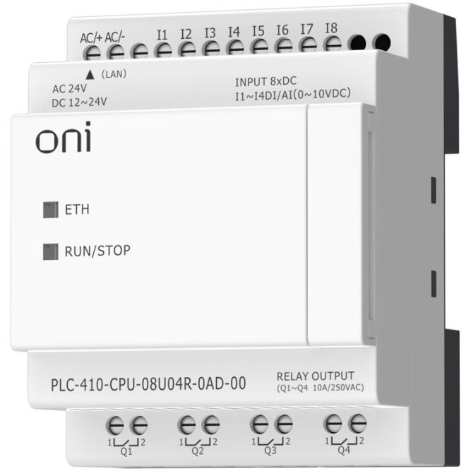 Модуль ЦПУ ПЛК 410 4 DI 4 UI (0-10 В/DI) 4 RO 12В-24В DC или 24В AC с Ethernet портом без экрана ONI PLC-410-CPU-08U04R-0AD-00