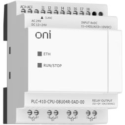 Модуль ЦПУ ПЛК 410 4 DI 4 UI (0-10 В/DI) 4 RO 12В-24В DC или 24В AC с Ethernet портом без экрана ONI PLC-410-CPU-08U04R-0AD-00