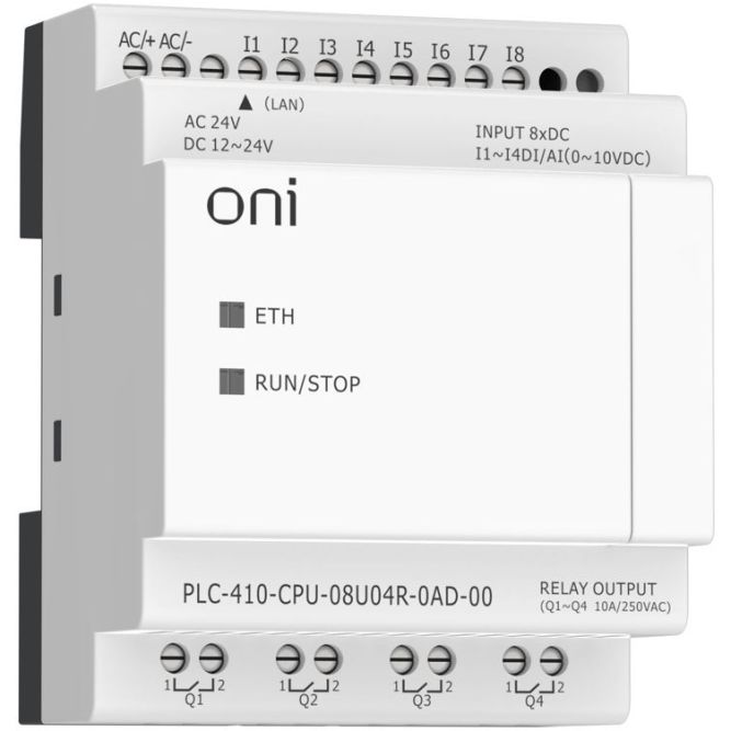 Модуль ЦПУ ПЛК 410 4 DI 4 UI (0-10 В/DI) 4 RO 12В-24В DC или 24В AC с Ethernet портом без экрана ONI PLC-410-CPU-08U04R-0AD-00