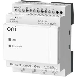 Модуль ЦПУ ПЛК 410 4 DI 4 UI (0-10 В/DI) 4 RO 12В-24В DC или 24В AC с Ethernet портом без экрана ONI PLC-410-CPU-08U04R-0AD-00