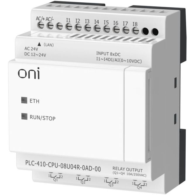 Модуль ЦПУ ПЛК 410 4 DI 4 UI (0-10 В/DI) 4 RO 12В-24В DC или 24В AC с Ethernet портом без экрана ONI PLC-410-CPU-08U04R-0AD-00