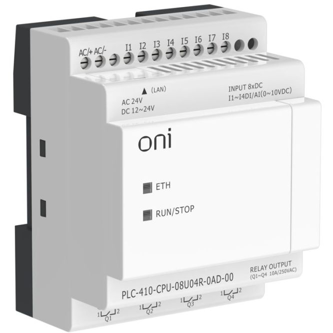 Модуль ЦПУ ПЛК 410 4 DI 4 UI (0-10 В/DI) 4 RO 12В-24В DC или 24В AC с Ethernet портом без экрана ONI PLC-410-CPU-08U04R-0AD-00