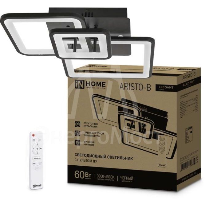 Светильник светодиодный ELEGANT ARISTO-B 60Вт 3000-6500К 4700лм 230В 531х448х151мм пульт ДУ черн. IN HOME 4690612047287