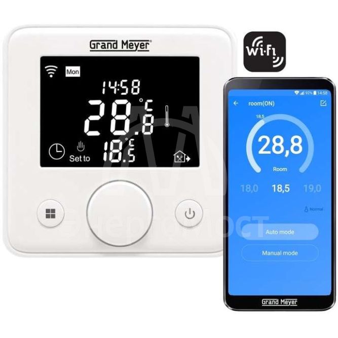 Термостат прогр. W330 с функцией Wi-Fi (Android/iOS) датчик пола; датчик воздуха 3.6кВт 16А бел. Grand Meyer W330