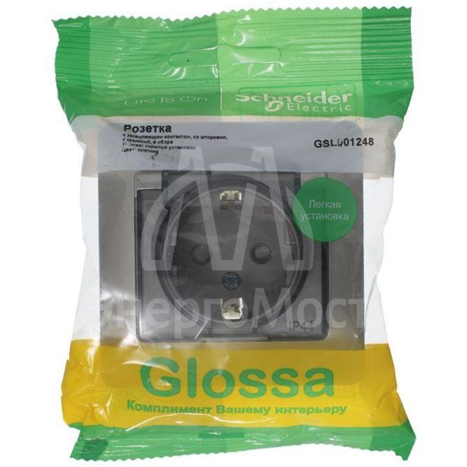 Розетка 1-м СП Glossa 16А IP44 250В с защ. крышкой защ. шторки с заземл. в сборе платина SchE GSL001248