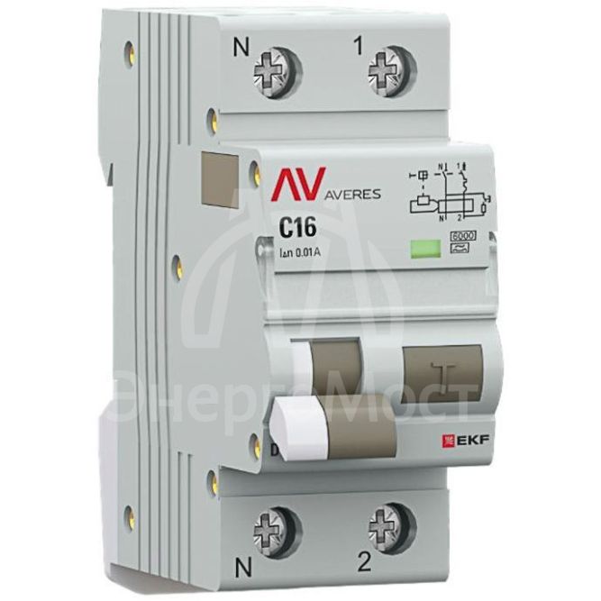 Выключатель автоматический дифференциального тока 2п (1P+N) C 16А 10мА тип A 6кА DVA-6 AVERES EKF rcbo6-1pn-16C-10-a-av