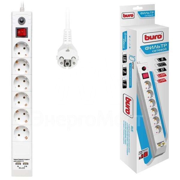 Удлинитель с сетевым фильтром 6х5м с заземл. 10А IP20 BU-SP5_USB_2A-W CCA  бел. BURO 992316