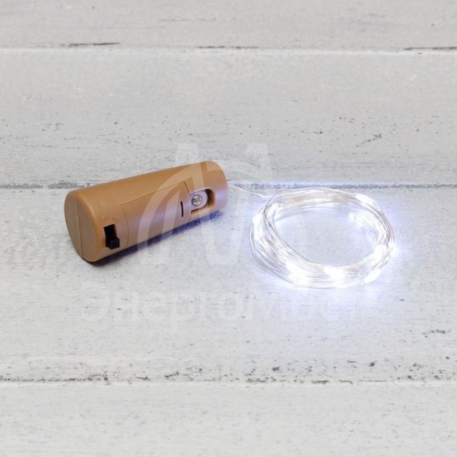 Гирлянда светодиодная &amp;quot;Роса&amp;quot; 2м 20LED бел. 0.1Вт IP20 с пробкой элементы питания 3хLR44 (в компл.) Neon-Night 302-025