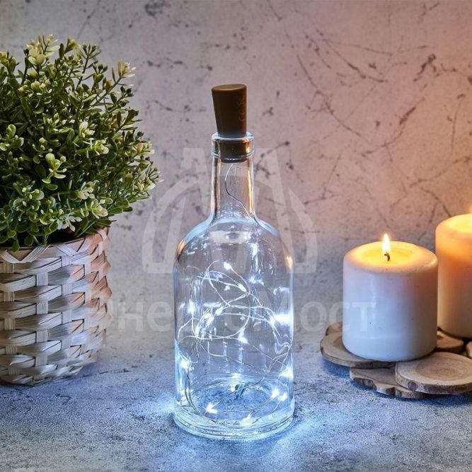 Гирлянда светодиодная &amp;quot;Роса&amp;quot; 2м 20LED бел. 0.1Вт IP20 с пробкой элементы питания 3хLR44 (в компл.) Neon-Night 302-025