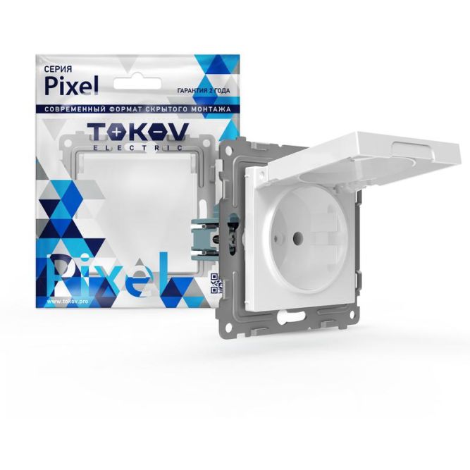 Розетка 1-м СП Pixel IP44 с заземл. с крышкой механизм бел. TOKOV ELECTRIC TKE-PX-R1ZSW1-C01-IP44