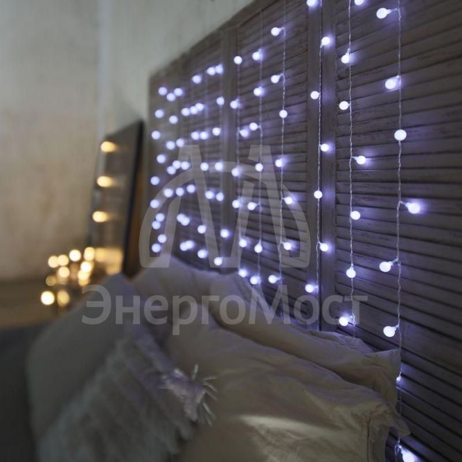 Гирлянда &amp;quot;Светодиодный Дождь&amp;quot; 1.5х1.5 м с насадками шарики свечение с динамикой LED бел. 230В провод прозр. Neon-Night 235-045