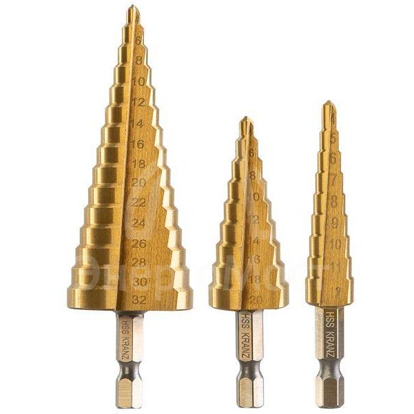Набор ступенчатых сверл 4-12.4-20.4-32мм HSS-TiN ТИТАН (уп.3шт) Kranz KR-12-6620